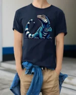 Cool Blue Iguana Lizard Graphic T Shirt Exotic Reptile Art Tee - model wearing navy tee with hands in pockets