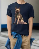 Tactical German Shepherd Dog Graphic T Shirt Military K9 Style Tee - model wearing navy tee with hands in pockets