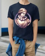 Aesthetic Classical Statue Marble Goddess Vaporwave Art Graphic T Shirt - model wearing navy tee with hands in pockets