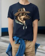Western Cowboy Dog German Shepherd Vintage Country Style Graphic T Shirt - model wearing navy tee with hands in pockets
