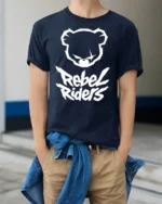 Rebel Riders Bear Graphic T Shirt Streetwear Bold Urban Style Tee - model wearing navy tee with hands in pockets