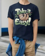 Take It Easy Sloth Funny Relaxing Cute Animal Graphic T Shirt - model wearing navy tee with hands in pockets