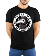 Trust Me Im A Doctor Plague Mask Funny Halloween Graphic T Shirt - model wearing black tee with hands behind back