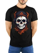 Skull Headphones DJ Graphic T Shirt Dark Gothic Music Streetwear Tee - model wearing black tee with hands behind back
