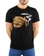 Cool Hand Smoking Blunt Street Style Urban Graphic T Shirt - model wearing black tee with hands behind back