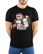 Punch 2030 Angry Gorilla Graphic T Shirt Funny Strong Ape Tee - model wearing black tee with hands behind back