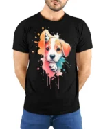 Cute Puppy Splash Art Graphic T Shirt Colorful Dog Lover Tee - model wearing black tee with hands behind back
