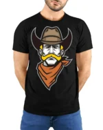 Retro Cowboy Mustache Graphic T Shirt Western Outlaw Style Tee - model wearing black tee with hands behind back