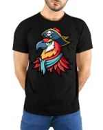 Pirate Parrot Captain Graphic T Shirt Colorful Bird Adventure Tee - model wearing black tee with hands behind back