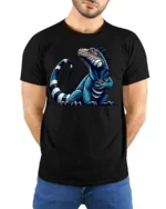 Cool Blue Iguana Lizard Graphic T Shirt Exotic Reptile Art Tee - model wearing black tee with hands behind back