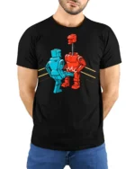Funny Robot Kick Boxing Meme Graphic T Shirt Retro Cartoon Humor Tee - model wearing black tee with hands behind back