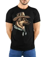 Western Cowboy Dog German Shepherd Vintage Country Style Graphic T Shirt - model wearing black tee with hands behind back
