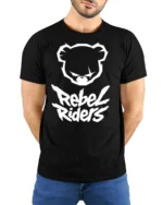 Rebel Riders Bear Graphic T Shirt Streetwear Bold Urban Style Tee - model wearing black tee with hands behind back