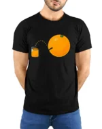 Funny Orange Juice Pee Humor Graphic T Shirt Silly Cartoon Tee - model wearing black tee with hands behind back