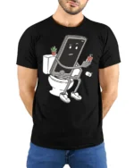 Funny Phone Sitting On Toilet Social Media Addict Graphic T Shirt - model wearing black tee with hands behind back