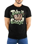 Take It Easy Sloth Funny Relaxing Cute Animal Graphic T Shirt - model wearing black tee with hands behind back