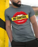 No Control Lips Graphic T Shirt Bold Attitude Pop Art Style Tee - model wearing grey tee, leaning on column