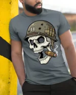 Vintage War Skull Soldier Graphic T Shirt Smoking Skull Army Tee - model wearing grey tee, leaning on column