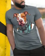 Tactical Pitbull Dog Graphic T Shirt Cool Guard Dog Streetwear Tee - model wearing grey tee, leaning on column