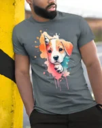 Cute Puppy Splash Art Graphic T Shirt Colorful Dog Lover Tee - model wearing grey tee, leaning on column