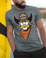 Retro Cowboy Mustache Graphic T Shirt Western Outlaw Style Tee - model wearing grey tee, leaning on column