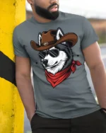 Cool Cowboy Husky Dog Graphic T Shirt Western Sunglasses Tee - model wearing grey tee, leaning on column