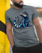 Cool Blue Iguana Lizard Graphic T Shirt Exotic Reptile Art Tee - model wearing grey tee, leaning on column