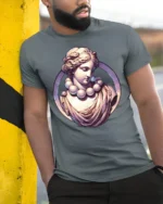 Aesthetic Classical Statue Marble Goddess Vaporwave Art Graphic T Shirt - model wearing grey tee, leaning on column