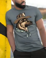 Western Cowboy Dog German Shepherd Vintage Country Style Graphic T Shirt - model wearing grey tee, leaning on column