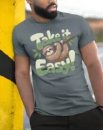 Take It Easy Sloth Funny Relaxing Cute Animal Graphic T Shirt - model wearing grey tee, leaning on column