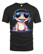 Funny Cool Gecko With Headphones Sunglasses Graphic T Shirt - black t-shirt on white background