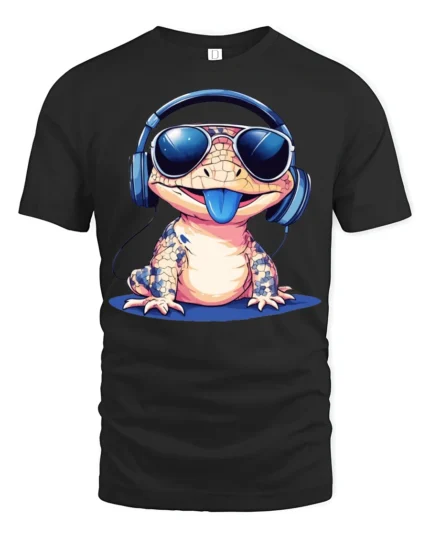 Funny Cool Gecko With Headphones Sunglasses Graphic T Shirt - black t-shirt on white background