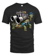 Funny Racing Turtle With Engine Cartoon Graphic T Shirt - black t-shirt on white background