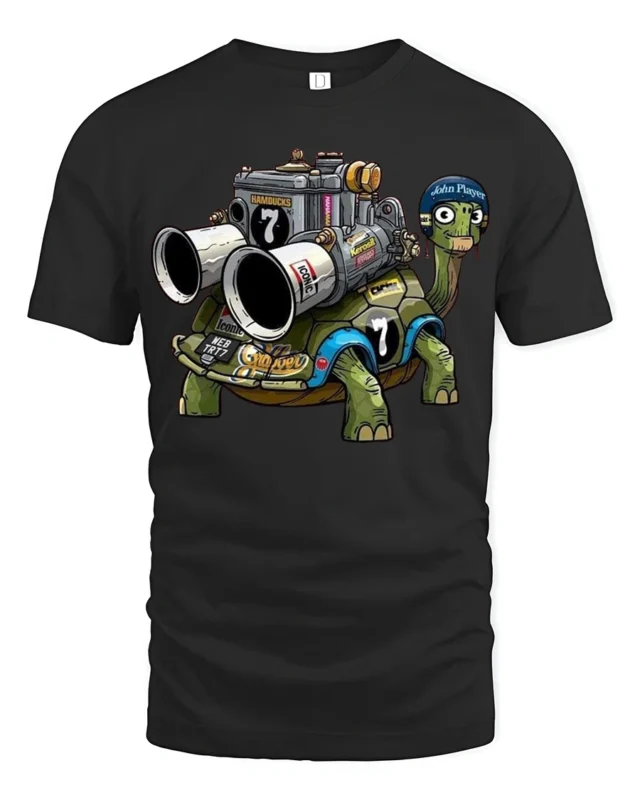 Funny Racing Turtle With Engine Cartoon Graphic T Shirt - black t-shirt on white background