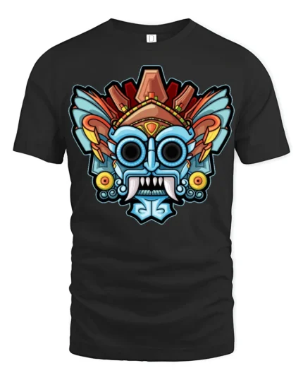 Colorful Tribal Mask Monster Graphic T Shirt Bold Art Tee - black t-shirt on white background
