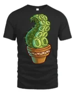 Funny Octopus Tentacle Cactus Plant Cartoon Graphic T Shirt - black t-shirt on white background