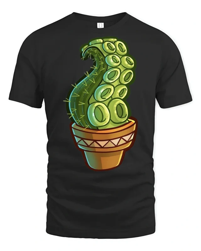 Funny Octopus Tentacle Cactus Plant Cartoon Graphic T Shirt - black t-shirt on white background