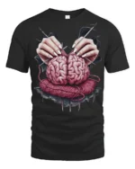 Knitting Brain Graphic T Shirt Dark Artistic Surreal Tee - black t-shirt on white background