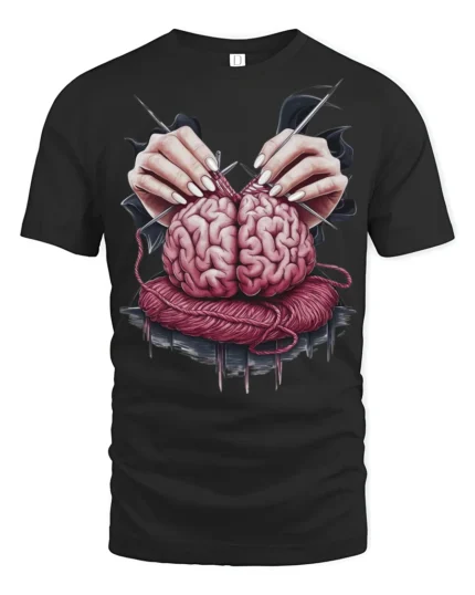 Knitting Brain Graphic T Shirt Dark Artistic Surreal Tee - black t-shirt on white background