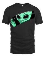 Funny Alien Peeking Graphic T Shirt Cute UFO Cartoon Tee - black t-shirt on white background