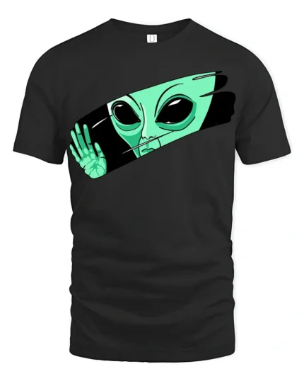 Funny Alien Peeking Graphic T Shirt Cute UFO Cartoon Tee - black t-shirt on white background
