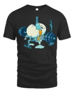 Funny Egg Workout Gym Fail Graphic T Shirt Cartoon Humor - black t-shirt on white background