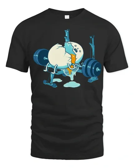 Funny Egg Workout Gym Fail Graphic T Shirt Cartoon Humor - black t-shirt on white background