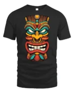 Colorful Tiki Mask Graphic T Shirt Tribal Style Art Tee - black t-shirt on white background