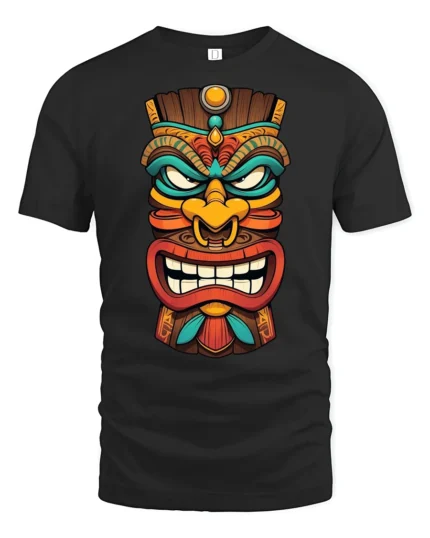 Colorful Tiki Mask Graphic T Shirt Tribal Style Art Tee - black t-shirt on white background