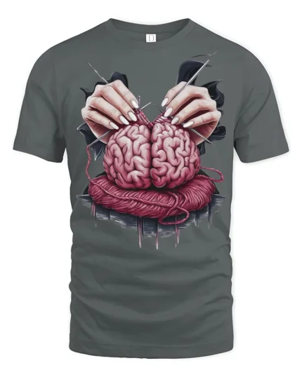 Knitting Brain Graphic T Shirt Dark Artistic Surreal Tee - gray t-shirt on white background