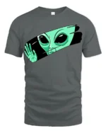 Funny Alien Peeking Graphic T Shirt Cute UFO Cartoon Tee - gray t-shirt on white background
