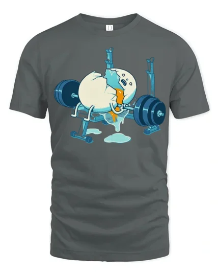 Funny Egg Workout Gym Fail Graphic T Shirt Cartoon Humor - gray t-shirt on white background