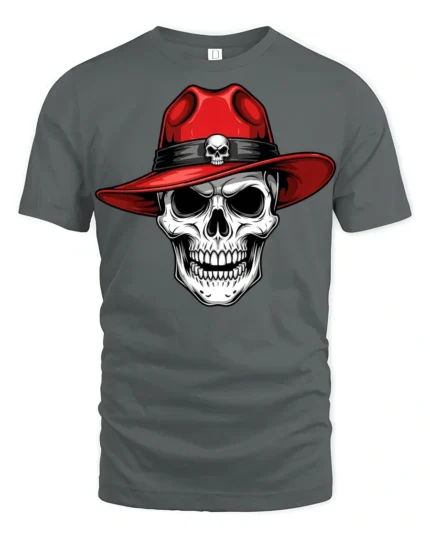 Skull With Red Hat Graphic T Shirt Cool Gothic Style Tee - gray t-shirt on white background