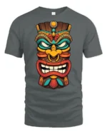 Colorful Tiki Mask Graphic T Shirt Tribal Style Art Tee - gray t-shirt on white background